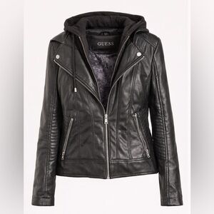GUESS Black Vegan Leather Moto Jacket w/ Hood – Women’s Large